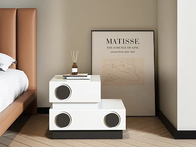 Modern Bedroom With Brown Headboard White Bedside Tables Diffuser Books And Matisse Poster 3d model