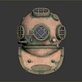 Vintage Copper Diving Helmet Featuring Circular Viewing Windows And Metal Pipes