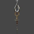 Ornate Ancient Polearm With Curved Blade Golden Rings Brown Wrapped Handle And Metal Details