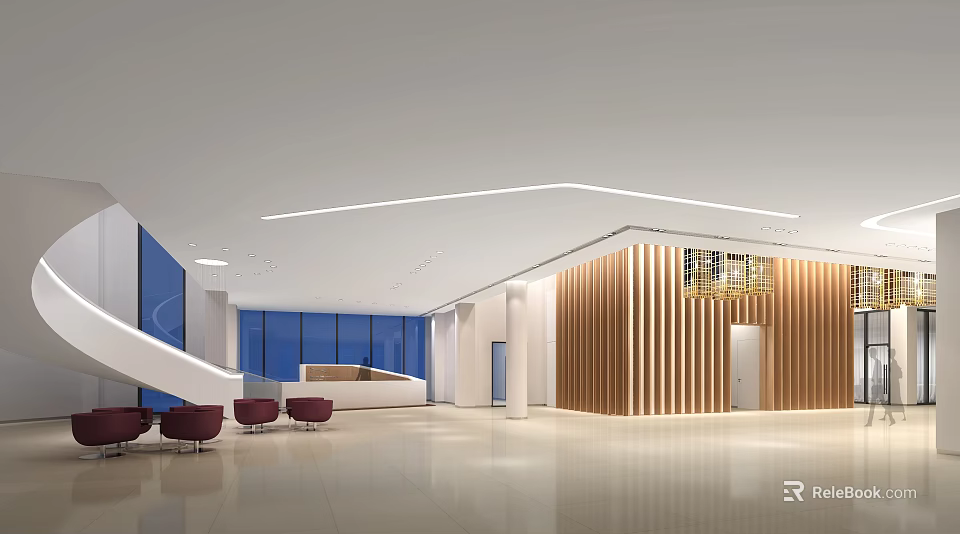 Modern Front Desk Reception Area With Wooden Accent Wall Red Seating And Large Windows 3d model 