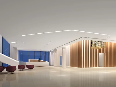 Modern Front Desk Reception Area With Wooden Accent Wall Red Seating And Large Windows 3d model