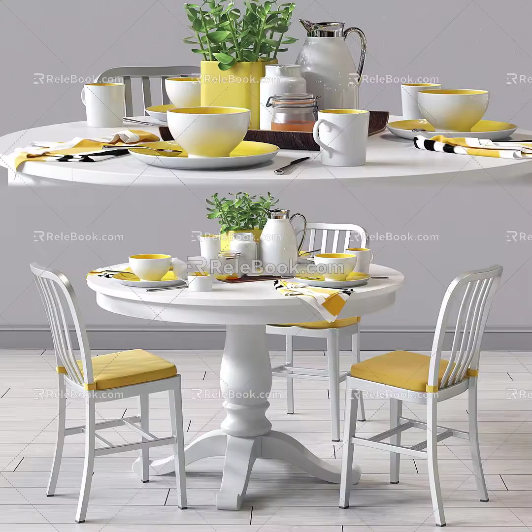 Simple European Dining Table and Chair Combination Round Dining Table and Chair Tableware Combination 3d model