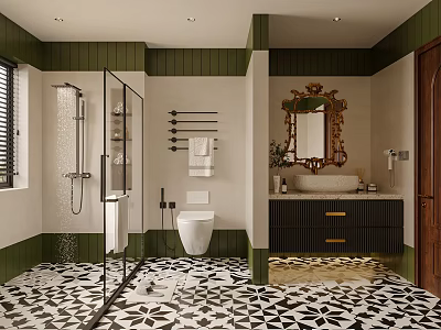 Elegant Bathroom Interior Design With Green Walls Glass Shower Decorative Mirror And Geometric Tile Floor 3d model