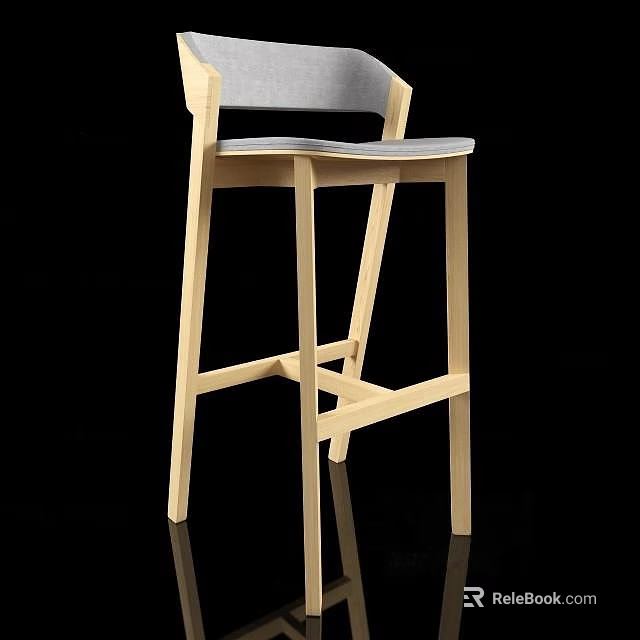 Minimalist Light Wood Bar Stool With Gray Upholstered Seat And Stable Leg Design 3d model 