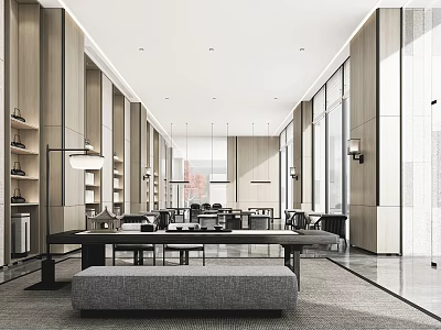 Modern Tea House Interior Design With Wooden Walls Large Windows And Comfortable Seats 3d model