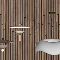 Modern Elegant Interior With Wooden Wall Vertical Light Strips And Various Designed Chandeliers