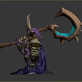 Mythical Game Movie Character Featuring Purple Skin Horns Armor Purple Cape And Green Glowing Weapon