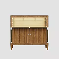 Wooden Storage Cabinet With Double Doors Open Top Shelf And Carved Top Details