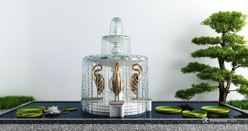 Multi Tiered Transparent Garden Ornament Fountain With Golden Crane Sculptures Green Plants And Lotus 3d model 