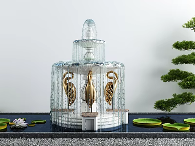 Multi Tiered Transparent Garden Ornament Fountain With Golden Crane Sculptures Green Plants And Lotus 3d model