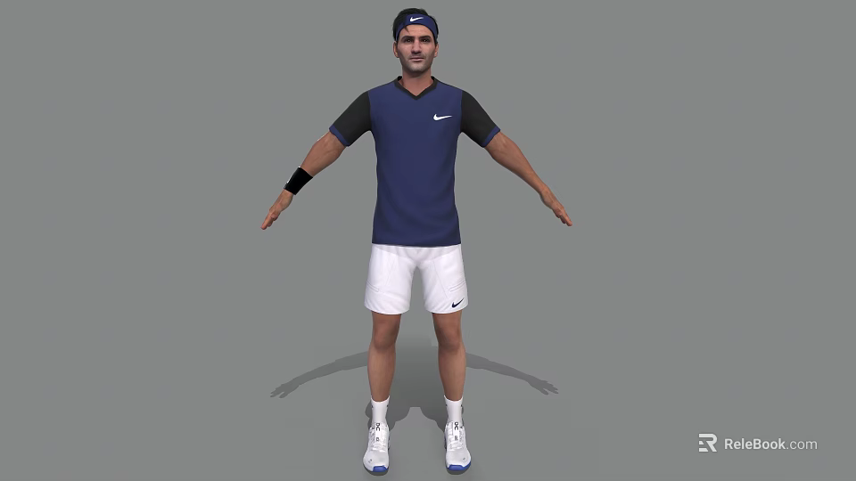Man Tennis Player in Blue Shirt White Shorts with Cap Wristband and Arms Outstretched 3d model 