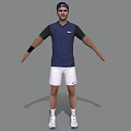 Man Tennis Player in Blue Shirt White Shorts with Cap Wristband and Arms Outstretched