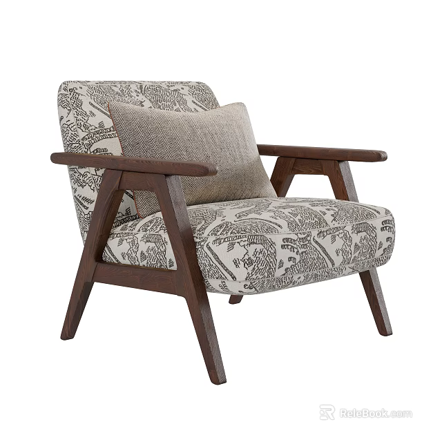 Classic Patterned Fabric Accent Chair With Wooden Legs Arms And Gray Decorative Pillow 3d model 
