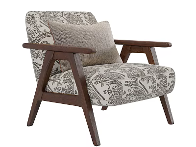 Classic Patterned Fabric Accent Chair With Wooden Legs Arms And Gray Decorative Pillow 3d model