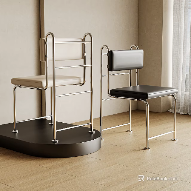 Modern Leisure Chair With Metal Frame And Light And Black Cushioned Seats In Indoor Setting 3d model 