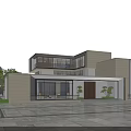 Modern Detached Villa Exterior Design With Large Windows And Courtyard Garden