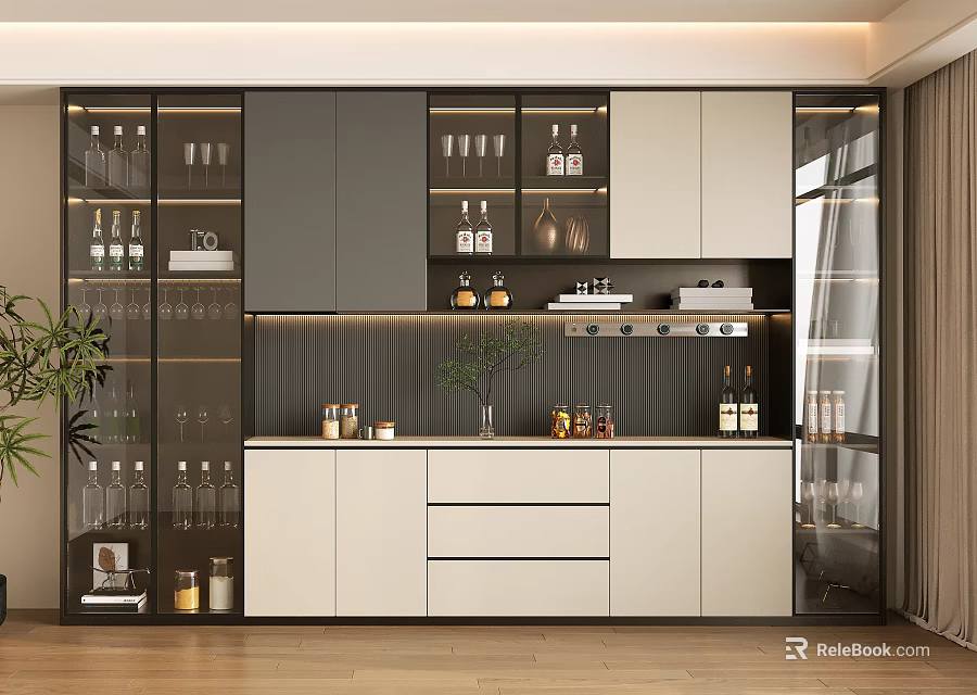 Modern White Grey Wine Cabinet With Glass Doors LED Lighting And Display Shelves 3d model 