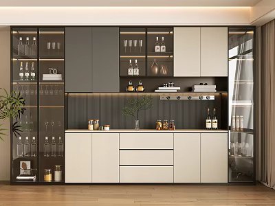 Modern White Grey Wine Cabinet With Glass Doors LED Lighting And Display Shelves 3d model