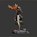Game Movie Character In Traditional Outfit With Red Bird Blue Lantern And Stone Base