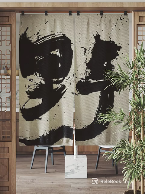 Japanese Style Curtains with Abstract Black Ink Painting Patterns and Bamboo Plants 3d model 