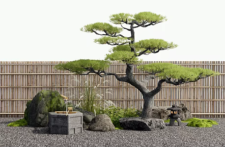 New Chinese Courtyard Sketches Modeling Pine Tree Landscape Tree Water Bowl Water Flow Sketches Plant Stack Landscape Stone Bamboo Fence Flowers and Plants 3d model