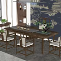 Traditional Wooden Tea Table With Chairs Potted Plant And Wall Art Decoration
