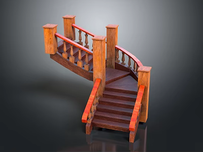 Elegant Wooden Curved Staircase With Red Handrail Decorative Posts And Balusters 3d model