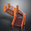 Elegant Wooden Curved Staircase With Red Handrail Decorative Posts And Balusters