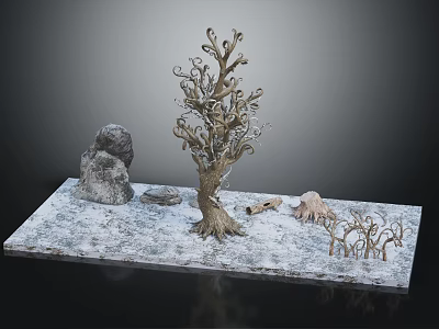 Natural Wood and Stone Decorative Display With Sculpted Tree Rock and Small Ornaments 3d model