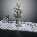 Natural Wood and Stone Decorative Display With Sculpted Tree Rock and Small Ornaments