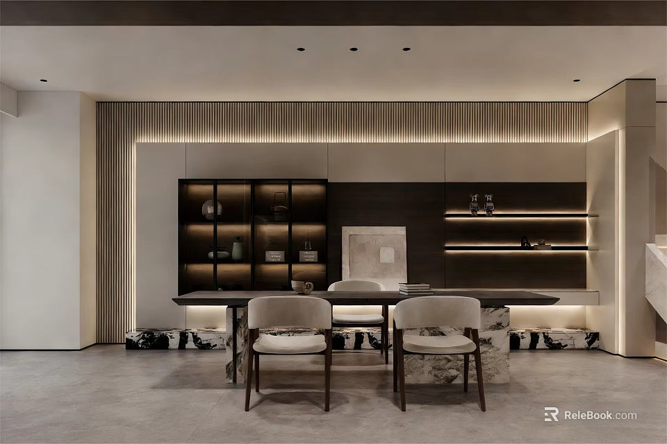Modern Study Room Interior With Built in Bookshelves Marble Desk And Upholstered Chairs 3d model 