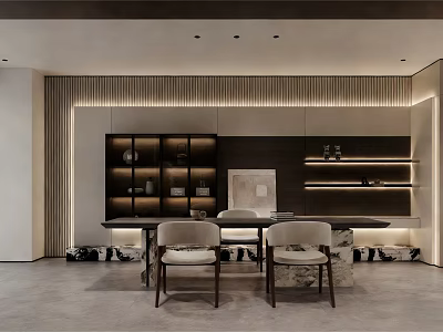 Modern Study Room Interior With Built in Bookshelves Marble Desk And Upholstered Chairs 3d model
