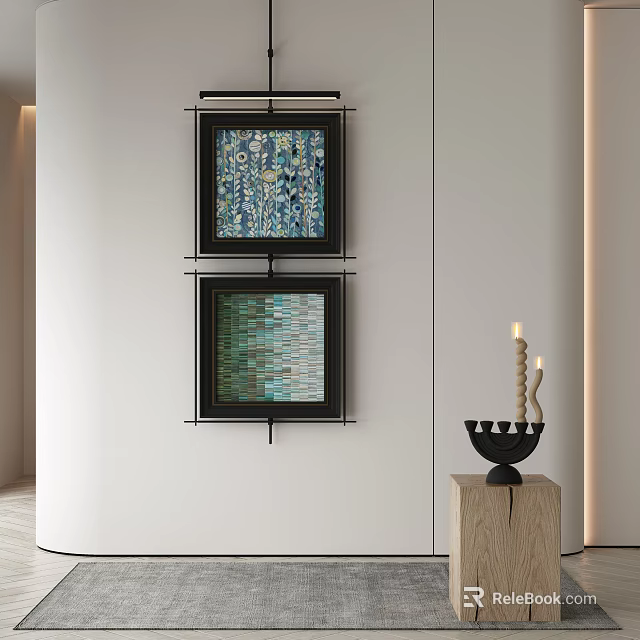 Two Framed Decorative Paintings Hanging On Wall With Wooden Base Candle Holder 3d model 