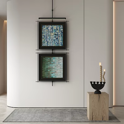 Two Framed Decorative Paintings Hanging On Wall With Wooden Base Candle Holder 3d model