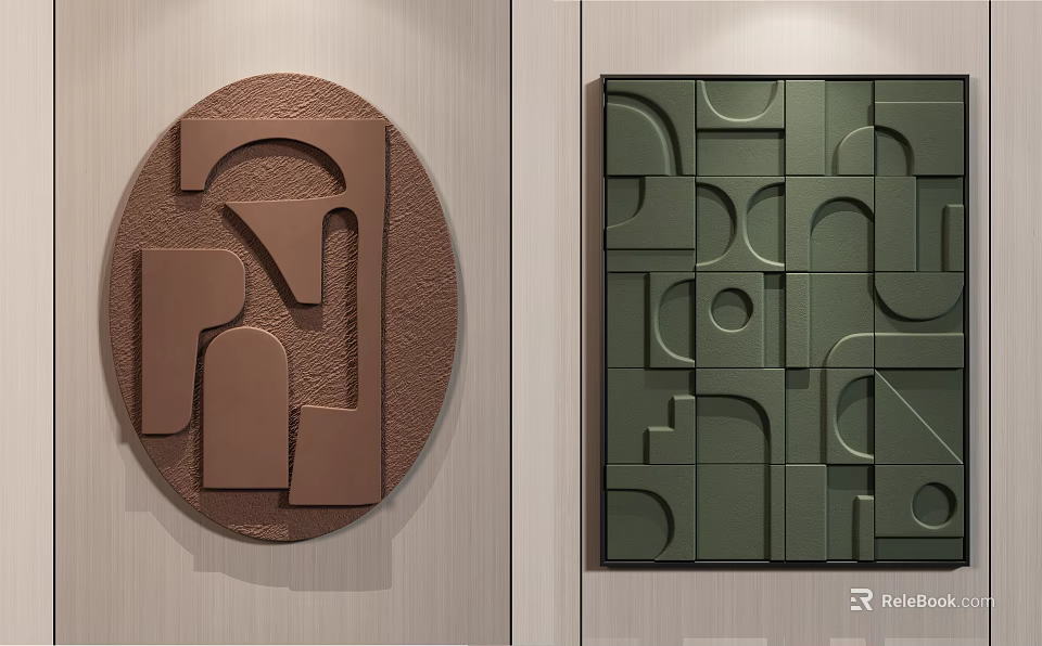 Modern Geometric Wall Decor With Circular Brown And Square Green Patterns 3d model