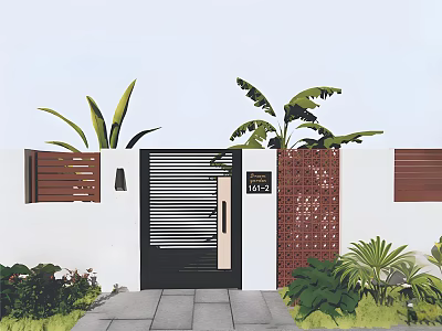 Modern Black Gate with Vertical Slats Wooden Lattice White Walls Green Plants and Stone Pathway 3d model