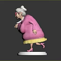 Elderly Lady Character Model With Pink Dress White Bun And Glasses On White Base