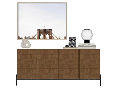 Landscape Painting Of Bridge Cityscape On Wooden Cabinet With Table Lamp And Books 3d model