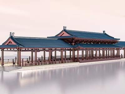 Traditional Chinese Garden Landscape with Classic Wooden Pavilion Blue Roofs and Calm Waterfront Reflections 3d model
