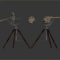 Antique Weapons Featuring Wooden Tripod Stands And Metal Barrels With Central Component