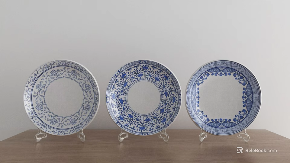 Elegant Blue And White Patterned Plate Decoration On Wooden Tabletop With Stands 3d model 
