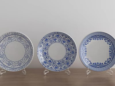 Elegant Blue And White Patterned Plate Decoration On Wooden Tabletop With Stands 3d model
