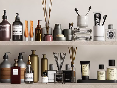 Essential Bathroom Accessories With Reed Diffusers Toothbrush Holders Towels And Lotion Bottles 3d model