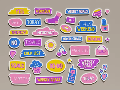 Colorful Wall Decor with Inspirational Phrases To Do Lists and Decorative Star Heart Shapes 3d model