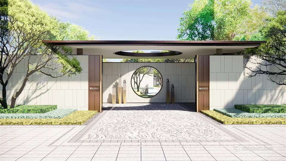 Traditional Chinese Entrance Gate Featuring Circular Doorway Stone Pavement And Green Trees 3d model 