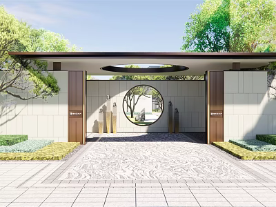 Traditional Chinese Entrance Gate Featuring Circular Doorway Stone Pavement And Green Trees 3d model