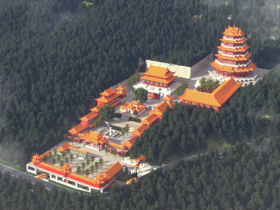 Ancient Chinese Architecture With Traditional Layout Orange Roofs And Multi Tiered Tower Surrounded By Forests 3d model