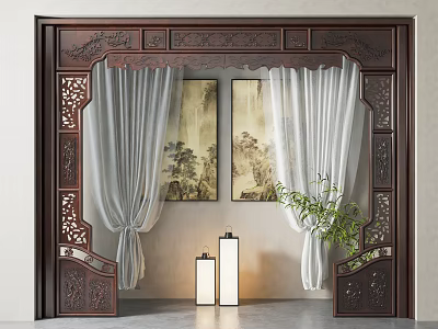 Traditional Chinese Landscape Paintings With Carved Wooden Screen Curtains And Lamps 3d model
