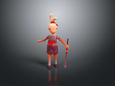 Female Cartoon Game Character With Purple Dress Red Belt Staff And White Hair Decoration 3d model