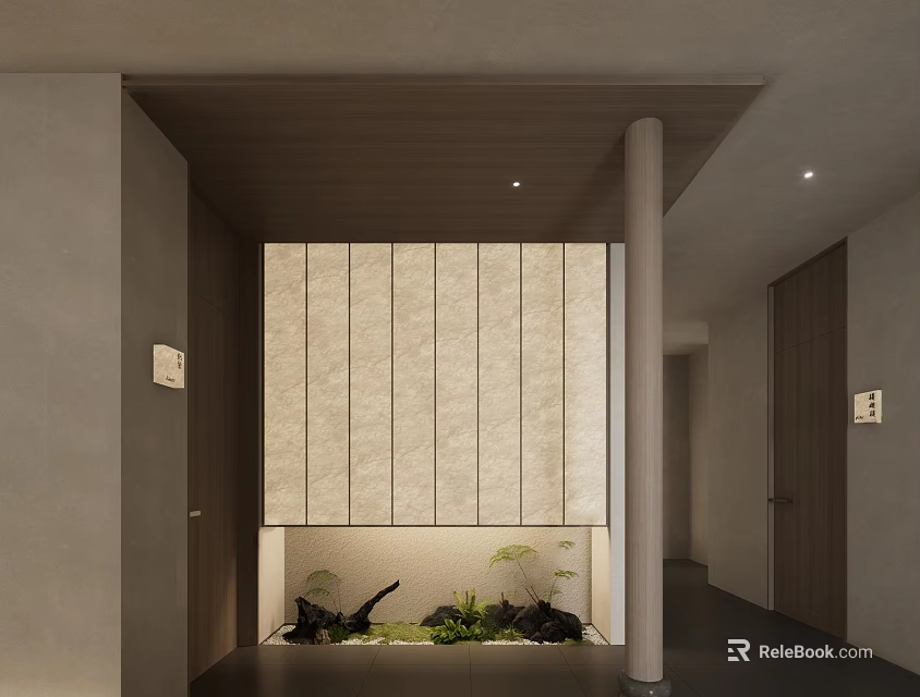 Modern Clubhouse Interior Design With Wooden Accents And Stone Wall Greenery 3d model 